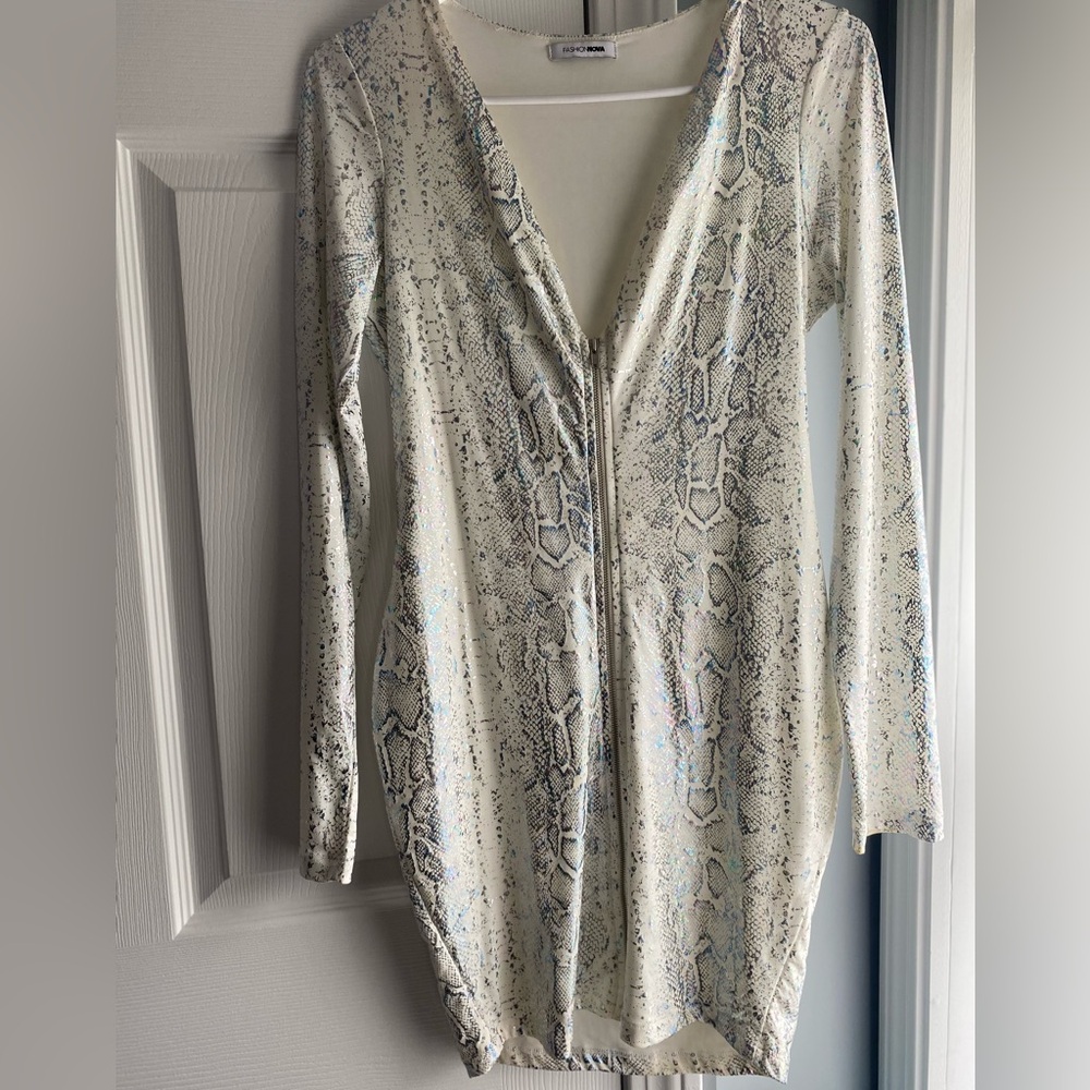 Iridescent snake print mini dress
